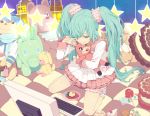  aqua_hair cake cameo candy candy_apple checkered computer cream_puff food garters hatsune_miku kaito kaito_(cameo) lollipop long_hair lots_of_laugh_(vocaloid) nayu pastry popsicle star stuffed_animal stuffed_toy swirl_lollipop teddy_bear twintails very_long_hair vocaloid 