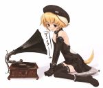 bare_shoulders beret black_legwear blonde_hair blush boots brown_eyes collar dog_ears dog_tail dress elbow_gloves fine_art_parody gloves hat his_master's_voice inumimi miniskirt open_mouth parody phonograph pillow record short_hair sitting skirt solo tail thigh_highs thighhighs translated zettai_ryouiki zipper 