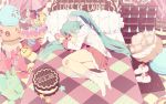  aqua_hair bed blue_eyes cake closed_eyes cream_puff feet flat_color food hatsune_miku honya_lala long_hair lots_of_laugh_(vocaloid) lying macaron mikumix on_side pastry pillow pleated_skirt scrunchie shoes skirt socks solo stuffed_animal stuffed_toy teddy_bear twintails very_long_hair vocaloid 