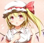  1girl blonde_hair blush bust chestnut_mouth flandre_scarlet flying_sweatdrops hand_on_own_chest hat hat_ribbon kuroganeruto open_mouth pink_background pink_eyes puffy_sleeves ribbon shirt short_sleeves side_ponytail solo touhou unbuttoning wings 