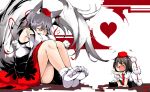  2girls animal_ears black_hair black_legwear blush breasts chibi closed_eyes detached_sleeves fang hat heart highres inubashiri_momiji multiple_girls necktie open_mouth red_eyes shameimaru_aya short_hair shun_soku sideboob sitting skirt socks tail tokin_hat touhou white_hair wolf_ears wolf_tail 