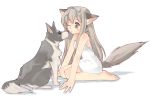  bare_feet barefoot brown_hair dog dog_ears dog_tail dress grey_eyes halter_neck long_hair ookamimimi tail wolfgirl 