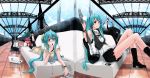  bespectacled blue_hair blush boots casual couch digital_media_player dual_persona earphones glasses guitar hatsune_miku headphones highres instrument ipod long_hair lying mille mirre nail_polish notebook on_stomach perspective shorts sitting smile twintails vocaloid 