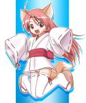  1boy ahoge animal_ears child crossdressing flat_chest fox_ears fox_tail full_body gradient gradient_background hair_between_eyes japanese_clothes kimono kitsunemimi long_hair long_sleeves male_focus negi_springfield panties pink_hair red_eyes sleeves_past_wrists solo source_request tabi tail thigh_highs thighhighs trap underwear white_legwear white_thighhighs 