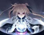  blonde_hair bow cape energy_ball fate_testarossa gloves long_hair long_sleeves mahou_shoujo_lyrical_nanoha mahou_shoujo_lyrical_nanoha_strikers nakayama_yukiji orb red_eyes ribbon solo twintails wallpaper 