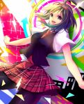  1girl black_legwear blue_eyes dutch_angle goggles goggles_on_head green_hair gumi kether looking_at_viewer necktie pantyhose short_hair skirt solo vocaloid 