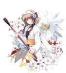  1girl brown_hair danpoong detached_collar floral_background flower green_eyes hairband jacket leia_roland short_hair smile solo staff tales_of_(series) tales_of_xillia 