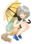  dog_ears frog grey_hair heels inuburo inumimi rain short_hair shorts silver_hair tail umbrella 