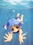  ahoge bare_feet blue_eyes blue_hair flat_chest loli nekomimi short_hair swimsuit uniform water wet 