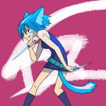  belt blue_hair dagger dress earring knee_highs knife nekomimi piercing short_hair tattoo tongue 