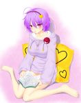  1girl asamura_hiori blush book breasts chestnut_mouth hairband heart heart_print highres komeiji_satori large_breasts looking_at_viewer naked_shirt pillow pink_eyes puffy_sleeves reading sitting solo touhou wariza 