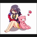  1girl barefoot brown_eyes collar eyepatch gloomy_bear hayasaka_mirei hoodie idolmaster idolmaster_cinderella_girls monokuro29 purple_hair sitting skirt stuffed_animal stuffed_toy teddy_bear 