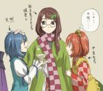  3girls apron bell blue_hair brown_hair checkered futatsuiwa_mamizou futatsuiwa_mamizou_(human) glasses grey_eyes hair_bell hair_ornament hand_on_head japanese_clothes juliet_sleeves karakasa_obake kitano_(kitanosnowwhite) leaf long_hair long_sleeves motoori_kosuzu multiple_girls orange_eyes orange_hair puffy_sleeves scarf short_hair smile tatara_kogasa touhou translation_request tsukumogami umbrella 