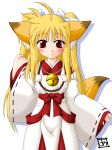  ahoge bell blonde_hair bow fate_testarossa kitsunemimi long_hair mahou_shoujo_lyrical_nanoha miko necklace red_eyes twintails 