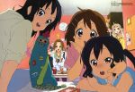  absurdres akiyama_mio black_eyes black_hair blonde_hair brown_eyes brown_hair casual drink food hairband highres hirasawa_yui k-on! kamoi_chise kotobuki_tsumugi megami multiple_girls nakano_azusa official_art scan short_hair tainaka_ritsu 