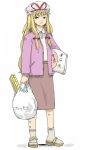  alternate_costume bag blonde_hair blouse bow casual contemporary frown grey_legwear groceries hair_bow hat hat_bow long_hair ohyo sandals shirt simple_background skirt socks solo standing touhou translated very_long_hair white_background yakumo_yukari 