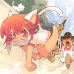  blade blade_(artist) blade_(lovewn) cat_ears chasing fingerless_gloves fish glint gloves jumping knife mouth_hold red_eyes red_hair redhead running shoes short_hair sneakers tail 