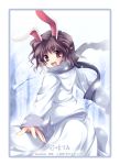 animal_ears bow branch brown_hair bunny_ears coat forest hair_bow happy highres inaba_tewi looking_back nature open_mouth outstretched_arms rabbit_ears red_eyes scarf short_hair smile snow solo spread_arms tateha_(artist) touhou tree wavy_hair white_canvas winter 