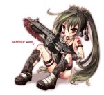  1girl bandages blood blood_on_face boots brown_eyes chainsaw crimson_omen fingerless_gloves gears gears_of_war gloves green_hair gun jewelry lancer_(weapon) long_hair looking_at_viewer mizunomoto necklace ponytail shadow simple_background sitting skull solo tattoo twintails weapon white_background 