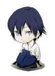  androgynous blue_eyes blue_hair cabbie_hat chibi hat oglee persona persona_4 reverse_trap school_uniform shirogane_naoto short_hair sitting solo 