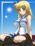  awa blonde_hair blush breasts earrings fairy_tail impossible_clothes impossible_shirt indian_style jewelry large_breasts lucy_heartfilia lucy_heartphilia shirt sitting solo 