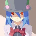  blue_hair bow face food fruit hat hinanawi_tenshi lips long_hair peach red_eyes simple_background smile solo stare supi_(pixiv) touhou 