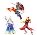  blonde_hair blue_eyes cape ceodore_harvey china_dress chinadress chinese_clothes final_fantasy final_fantasy_iv final_fantasy_iv_the_after flower hair_flower hair_ornament leonora moreshan robe staff sword ursula_leiden weapon white_hair yellow_eyes 