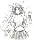  bow bow_panties breasts chain chains cuffs eku graphite_(medium) horn horns hoshiguma_yuugi large_breasts long_hair lying manacles monochrome navel panties shirt skirt touhou traditional_media underwear undressing 