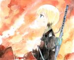  animal_ears blonde_hair blood blue_eyes cuts dirt erica_hartmann fire gun injury looking_up multicolored_hair short_hair smoke solo strike_witches torn_clothes traditional_media uniform weapon 