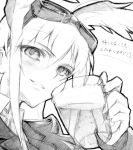  bad_id beer blush bow cup goggles hair_bow hanna-justina_marseille head_wings kisetsu monochrome mug sketch solo strike_witches traditional_media translated translation_request uniform 