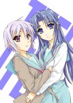  asakura_ryouko blue_eyes blue_hair funeral_(artist) hug multiple_girls nagato_yuki school_uniform short_hair silver_hair sumisi suzumiya_haruhi_no_yuuutsu 