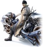  bicycle blonde_hair boots facial_hair final_fantasy final_fantasy_xiii gloves looking_back male motor_vehicle motorcycle nix official_art shiva_(final_fantasy) shiva_sisters sitting snow_villiers solo stiria stubble tattoo trench_coat vehicle 