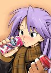  blue_eyes blush dokuda drink hiiragi_kagami lucky_star purple_hair scarf smile solo straw tsurime twintails winter_clothes 