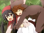  2girls animal_costume bad_id big_bad_wolf big_bad_wolf_(cosplay) big_bad_wolf_(grimm) black_hair brown_hair cosplay fang grimm&#039;s_fairy_tales hirasawa_yui k-on! little_red_riding_hood little_red_riding_hood_(grimm) little_red_riding_hood_(grimm)_(cosplay) maruki_(punchiki) multiple_girls nakano_azusa red_eyes twintails wolf_costume 
