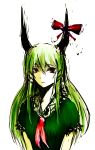  bad_id bow face green_hair highres horns kamishirasawa_keine long_hair red_eyes ribbon solo touhou 