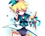  animal_ears aqua_eyes bad_id banana blonde_hair crossdressing food fruit hat highres holding kagamine_len kagamine_len_no_bousou_(vocaloid) magical_girl male school_swimsuit solo suzugo@erorin swimsuit swimsuit_under_clothes tail trap vocaloid wand wink witch_hat 