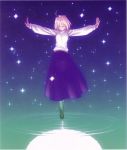 1girl arcueid_brunestud artist_request blonde_hair closed_eyes full_moon glitter glowing long_skirt long_sleeves moon official_art outstretched_arms pantyhose pullover purple_skirt reflection shoes short_hair skirt smile solo spread_arms takeuchi_takashi tsukihime type-moon water
