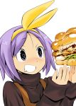  blue_eyes blush dokuda food highres hiiragi_tsukasa lucky_star purple_hair sandwich simple_background solo sweater turtleneck 