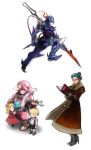  armor blue_eyes blue_hair book brena brina cain_highwind calca calco doll final_fantasy final_fantasy_iv final_fantasy_iv_the_after hal_(ff4) high_heels highres luca_(ff4) moreshan pink_hair polearm shoes spear weapon wrench yellow_eyes 