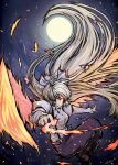  fiery_wings fire fujiwara_no_mokou glowing glowing_eyes hair_ribbon long_hair moon ribbon satori satori_(transient_wind) solo touhou very_long_hair wings 