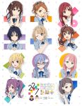  22/7 6+girls ahoge bangs black_hair blonde_hair blue_eyes blue_hair bow braid brown_eyes brown_hair flower fujima_sakura glasses hair_ornament hair_ribbon hair_rings highres hiiragi_tsubomi horiguchi_yukiko kamiki_mikami kouno_miyako long_hair looking_at_viewer maruyama_akane multiple_girls official_art one_eye_closed open_mouth pink_hair purple_hair red_eyes redhead ribbon saitou_nicole satou_reika school_uniform shirt short_hair smile tachikawa_ayaka takigawa_miu toda_jun toujou_yuuki twintails v violet_eyes 