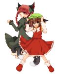  animal_ears braid brown_eyes cat_ears cat_tail chen earrings hair_ribbon hat jewelry kaenbyou_rin mao_(alepricos) multiple_girls multiple_tails neko_(artist) red_eyes red_hair redhead ribbon short_hair skin_fang tail touhou twin_braids twintails 