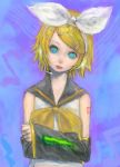  aqua_eyes blue_eyes bow crossed_arms headset kagamine_rin pon solo vocaloid 