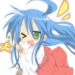  1girl ahoge blue_hair broom core_(mayomayo) green_eyes izumi_konata japanese_clothes long_hair lucky_star miko open_mouth simple_background solo star wink 