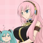  blush breast_envy breasts green_eyes green_hair hairband hatsune_miku large_breasts long_hair megurine_luka oro_(zetsubou_girl) pink_hair staring_at_breasts twintails vocaloid 