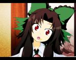  ayuosu bow brown_hair food food_on_face hair_bow head_tilt red_eyes reiuji_utsuho ribbon solo touhou wide-eyed wide_eyed 