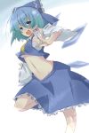  1girl aqua_hair bad_id bandage bandages blue_eyes blue_hair bow breasts cirno cosplay detached_sleeves fang gradient_hair hair_bow hakurei_reimu hakurei_reimu_(cosplay) kazami_mioyoru kazami_ryouya large_bow midriff multicolored_hair navel necktie ofuda open_mouth ribbon sarashi skirt smile solo standing_on_one_leg touhou underboob wings 