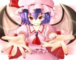  fang foreshortening hands hat lens_flare looking_at_viewer mizuoka_(pixiv370360) nail_polish outstretched_arms outstretched_hand purple_hair red_eyes remilia_scarlet short_hair slit_pupils smile touhou wings yunomi_chawan 
