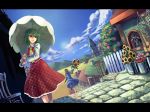  checkered_skirt cloud dutch_angle flower flower_shop green_hair kazami_yuuka letterboxed parasol red_eyes shop short_hair skirt skirt_set smile sunflower touhou umbrella vest village yuumeibokumeimei 