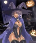  1girl cleavage curvy halloween hat houtengeki original pumpkin purple_hair red_eyes solo thighhighs witch_hat 